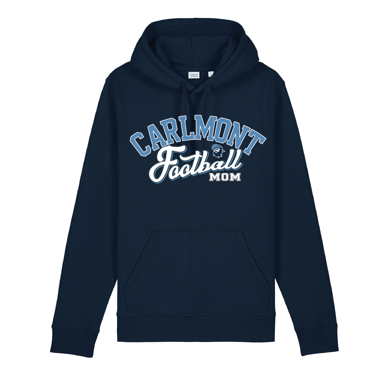 Navy blue hoodie with 'Carlmont Football Mom' text on a white background
