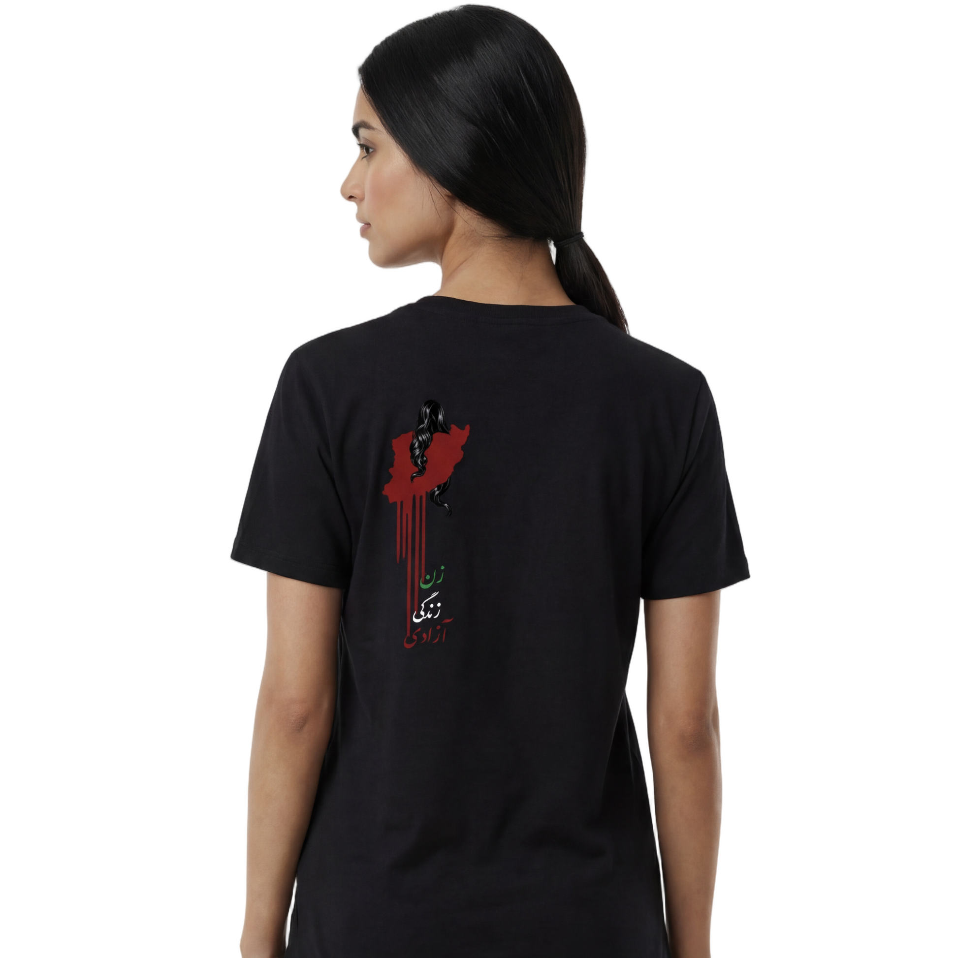 Person wearing a black t-shirt with a design on the back, standing against a white background