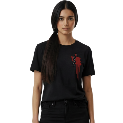 Woman wearing a black t-shirt with a red graphic design on a white background