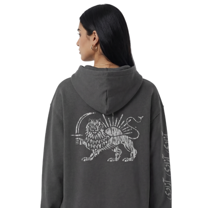 Person wearing a dark gray hoodie with a lion design on the back, standing against a white background.